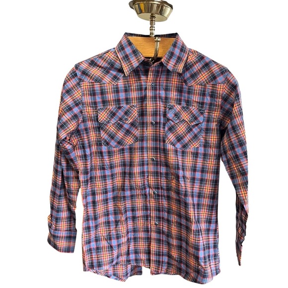 NEW Wrangler Retro Boys Plaid Shirt - Blue and Orange Pearl Snap Buttons - Picture 1 of 12